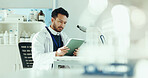 Science, tablet and man with microscope in lab for medical research, medicine study and results. Healthcare, biology and scientist on digital tech for vaccine report, innovation and experiment
