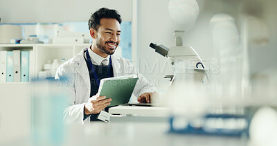 Buy stock photo Science, research and man with smile, tablet and online feedback with app for vaccine development. Happy person, medical scientist and employee in lab, digital tech and breakthrough with innovation