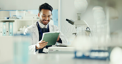 Buy stock photo Healthcare, research and man in lab, tablet and online reading with app for experiment report. Innovation, medical science and person with vaccine development, digital technology and study results