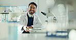 Man, scientist and happy with tablet, portrait and pride for career with medical research project. Person, smile and tech with pharmaceutical study for vaccine development with app at lab in Mexico