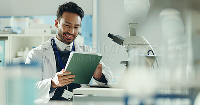 Buy stock photo Science, research and man with tablet, internet and online reading with app for vaccine development. Happy person, medical scientist and employee with email, digital tech and innovation with database