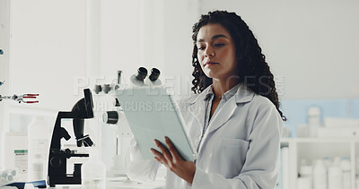 Buy stock photo Science, research and woman in lab, tablet and innovation with experiment, app or studying results Medical, scientist or person with digital tech, database or breakthrough with healthcare or internet