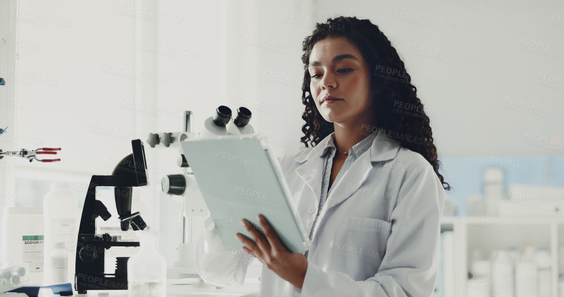 Buy stock photo Science, research and woman in lab, tablet and innovation with experiment, app or studying results Medical, scientist or person with digital tech, database or breakthrough with healthcare or internet