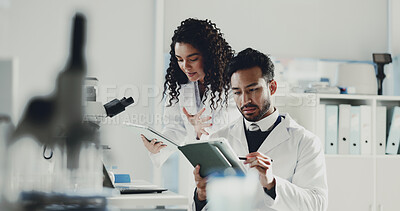 Buy stock photo People, scientist and tablet with research at laboratory for medical statistics, analysis or report. Man, woman or team with technology for forensic science, exam or study together at clinic trial