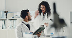 Happy, scientist and high five with tablet for research, medical discovery or forensic science. Excited, man and woman with smile or technology for success, teamwork or winning together at laboratory