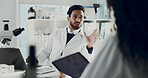 Science, research and people in lab, conversation and tablet with feedback for experiment. Man, woman and scientists in workplace, digital tech and studying results with medical advice and discussion