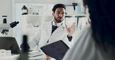Buy stock photo Science, research and people in lab, conversation and tablet with feedback for experiment. Man, woman and scientists in workplace, digital tech and studying results with medical advice and discussion