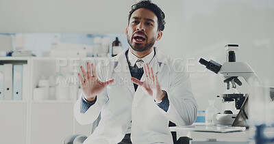 Buy stock photo Scientist, man and discussion for explanation, research study or review for medical innovation. Teaching, talking or male doctor with evaluation results, feedback or gesture for discovery in lab