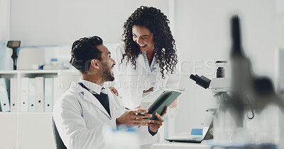Buy stock photo Happy, scientist and team with tablet for forensic science, research or medical discovery at lab. Excited, man and woman with smile or technology for success, winning or new development together