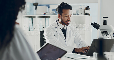 Buy stock photo Typing, medical research and man with laptop, scientist and info for biotechnology, website and lab. Healthcare, researcher and person with tech for clinical data, analysis and study for science