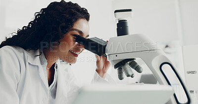 Buy stock photo Scientist, woman and study with microscope in lab for medical innovation, DNA solution or test. Science, person and happy with microbiology equipment for cancer research, cure development or analysis