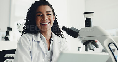 Buy stock photo Portrait, woman and scientist with microscope in lab for research, medical study and DNA sample. Smile, female person or machine for experiment, gene production and confidence of vaccine breakthrough