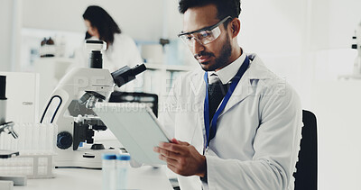 Buy stock photo Scientist, research and man in lab, tablet or healthcare with chemistry experiment, app or internet. Medical test, safety glasses or person with digital tech, innovation pr studying results for virus