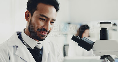 Buy stock photo Man, scientist and laptop with microscope in lab for research, medical study and testing sample. Male person, tech and machine for experiment, dna production and review report of vaccine breakthrough