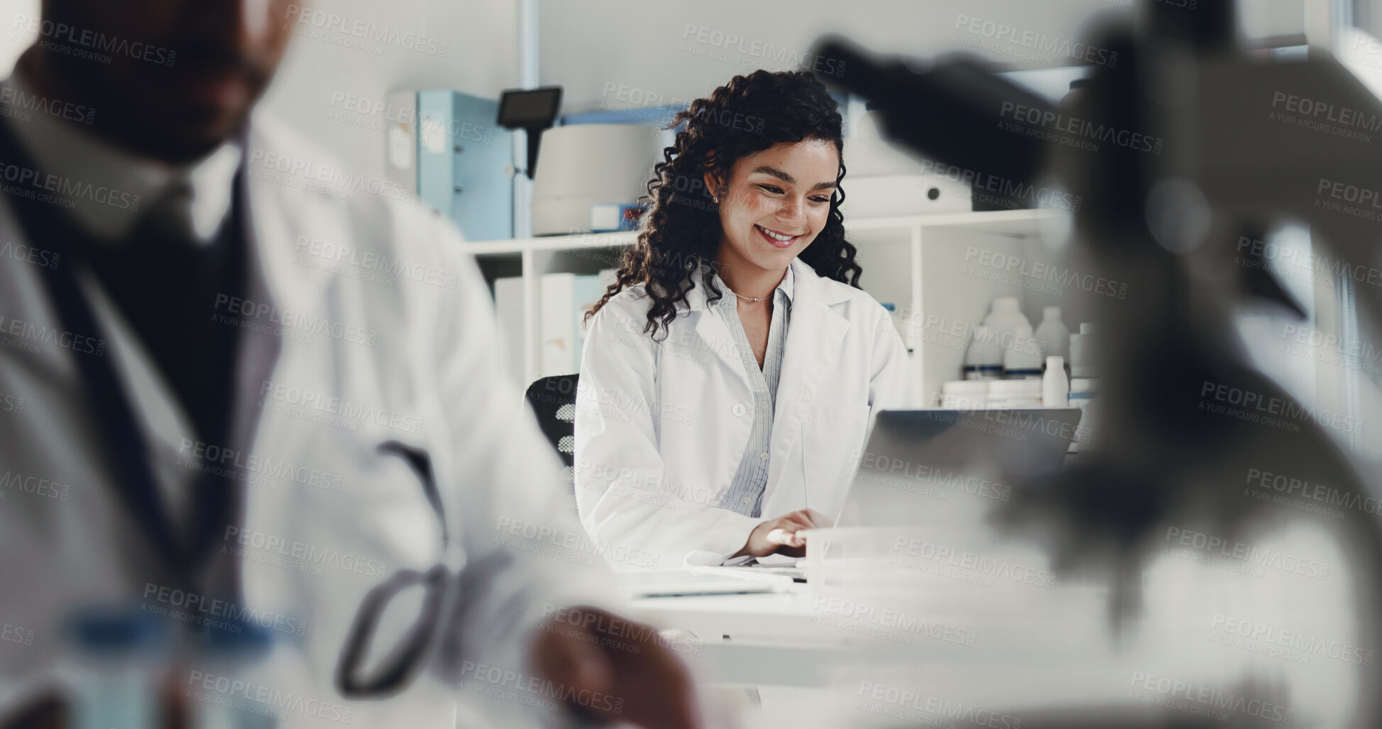 Buy stock photo Happy woman, scientist and laptop in laboratory for forensic research, study or medical discovery. Female person, computer and smile with technology for clinic trial, exam or science development