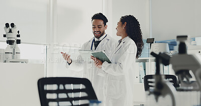 Buy stock photo Scientist, team and talk with tablet for research, experiment results or forensic analysis. Tech, science or collaboration of happy people for medical test, study or positive toxicology report in lab