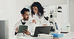 People, scientist and tablet with laptop in laboratory for research, medical discovery or exam. Man, woman or healthcare workers with technology for results, clinic trial or investigation together