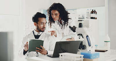 Buy stock photo People, scientist and tablet with laptop in laboratory for research, medical discovery or exam. Man, woman or healthcare workers with technology for results, clinic trial or investigation together