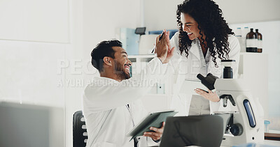 Buy stock photo Happy, scientist and high five with tablet for forensic science, research or medical discovery. Excited, man and woman with smile or technology for success, teamwork or winning together at laboratory
