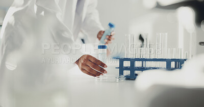 Buy stock photo Lab, scientist and hands with sample for experiment, pharmaceutical and liquid for drug development. Medical professional, person and research for science, study and cure for illness or healthcare