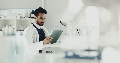 Buy stock photo Science, research and man in lab, tablet and innovation with chemistry experiment, app and internet. Medical, scientist and person in workplace, digital tech and studying results with healthcare