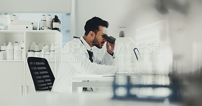 Buy stock photo Science, man and research with microscope in lab for medical innovation, DNA solution and testing. Scientist, person and serious with microbiology equipment for sample analysis or vaccine development