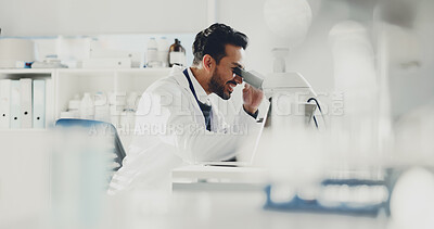 Buy stock photo Scientist, man and research with microscope in lab for medical innovation, DNA solution and testing. Science, person and study with microbiology equipment for sample analysis and vaccine development