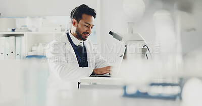 Buy stock photo Man, laptop and scientist in lab for research report, medical review or microscope with online analysis. Science, male doctor and computer for typing evaluation, forensic study and innovation tech
