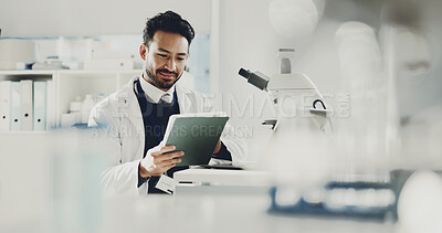 Buy stock photo Science, research and man with tablet, online reading and innovation with vaccine development. Medical, scientist and person in lab, digital tech and studying results with healthcare, text and report