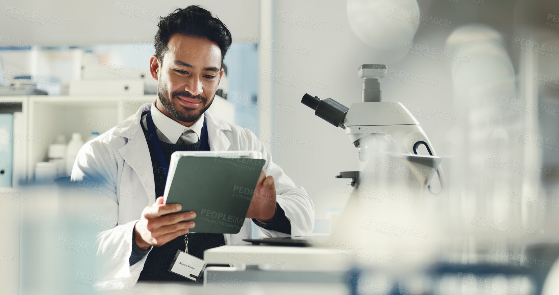 Buy stock photo Man, tablet and scientist in laboratory for research report, medical review or online analysis. Science, doctor and digital tech for reading evaluation, forensic study and innovation for development