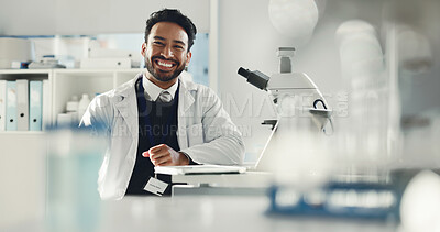 Buy stock photo Portrait, science and man with smile, research and confidence with microscope. Happy person, scientist and employee in medical laboratory, studying results and experiment for vaccine development