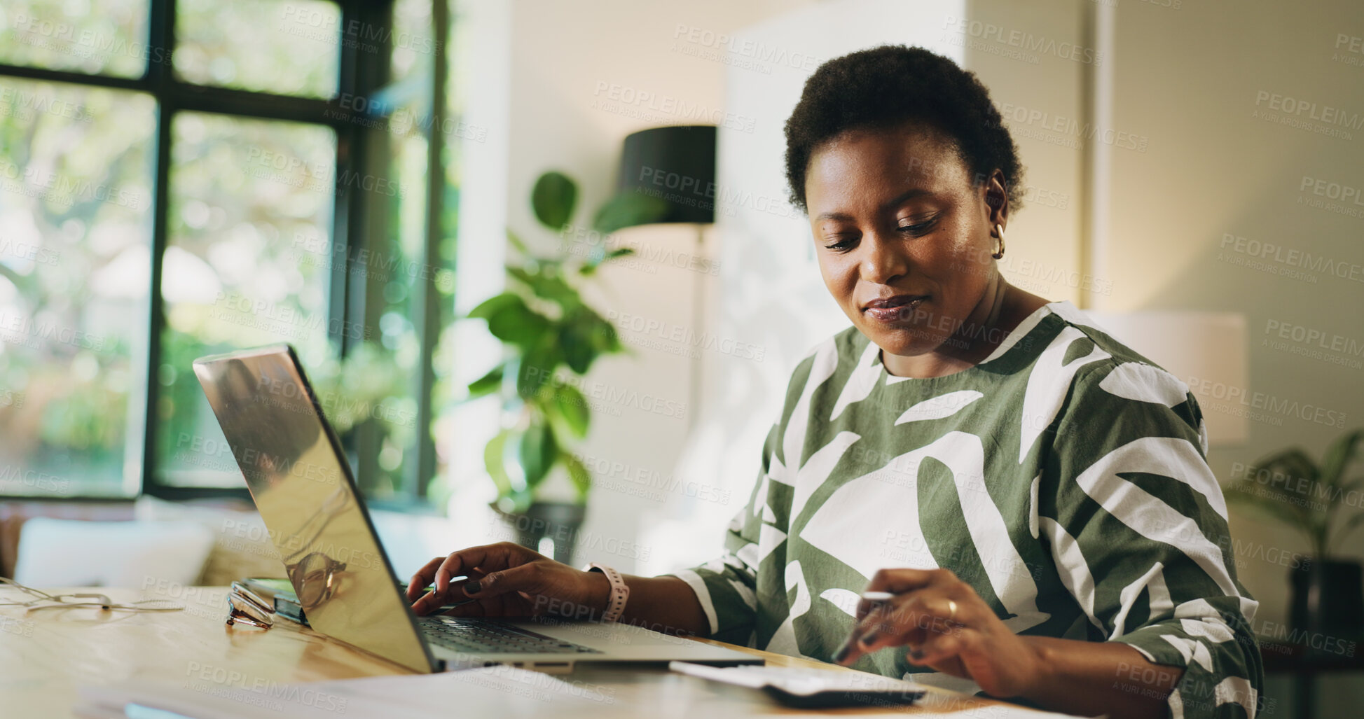 Buy stock photo Calculator, laptop and black woman in home with online banking for bills, debt or mortgage payment. Computer, calculations and African female person with planning monthly budget in apartment.