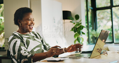 Buy stock photo Budgeting, black woman and excited with laptop in home for loan approval, debt free and savings. Happy, person and technology in apartment for financial planning, positive credit score and tax return