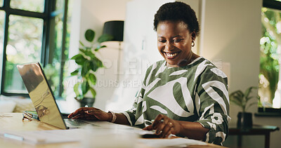 Buy stock photo Calculator, laptop and black woman in house with online banking for bills, debt or mortgage payment. Computer, calculations and African female person with planning monthly budget in apartment.