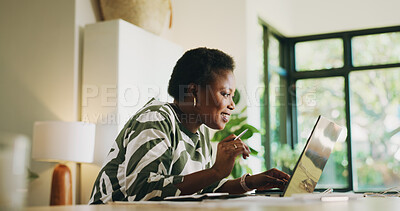 Buy stock photo Budgeting, black woman and laptop with reading in home for account review, taxes and bookkeeping. Happy, person and technology in apartment for financial planning, asset management and finance rebate