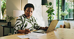 Bookkeeping, writing or black woman with documents in home for audit, savings or tax returns. Remote work, accountant or laptop with paperwork for account review, financial report or asset management