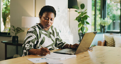 Buy stock photo Bookkeeping, writing or black woman with documents in home for audit, savings or tax returns. Remote work, accountant or laptop with paperwork for account review, financial report or asset management
