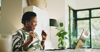 Buy stock photo Budgeting, black woman and celebration with laptop in home for loan approval, rebate and savings. Excited, person and technology in house for financial planning, positive credit score and tax return