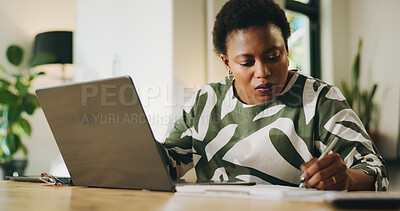 Buy stock photo Remote work from home, writing and black woman with laptop, creativity and planning. African person, freelancer and journalist with computer, ideas and brainstorming for project, research or deadline