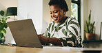 Happy, woman and remote work with laptop, home and review of financial report on website and online. Freelancer, smile and black person with tech for bookkeeping, read and typing of info in house