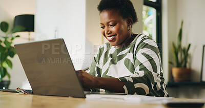 Buy stock photo Happy, woman and remote work with laptop, home and review of financial report on website and online. Freelancer, smile and black person with tech for bookkeeping, read and typing of info in house
