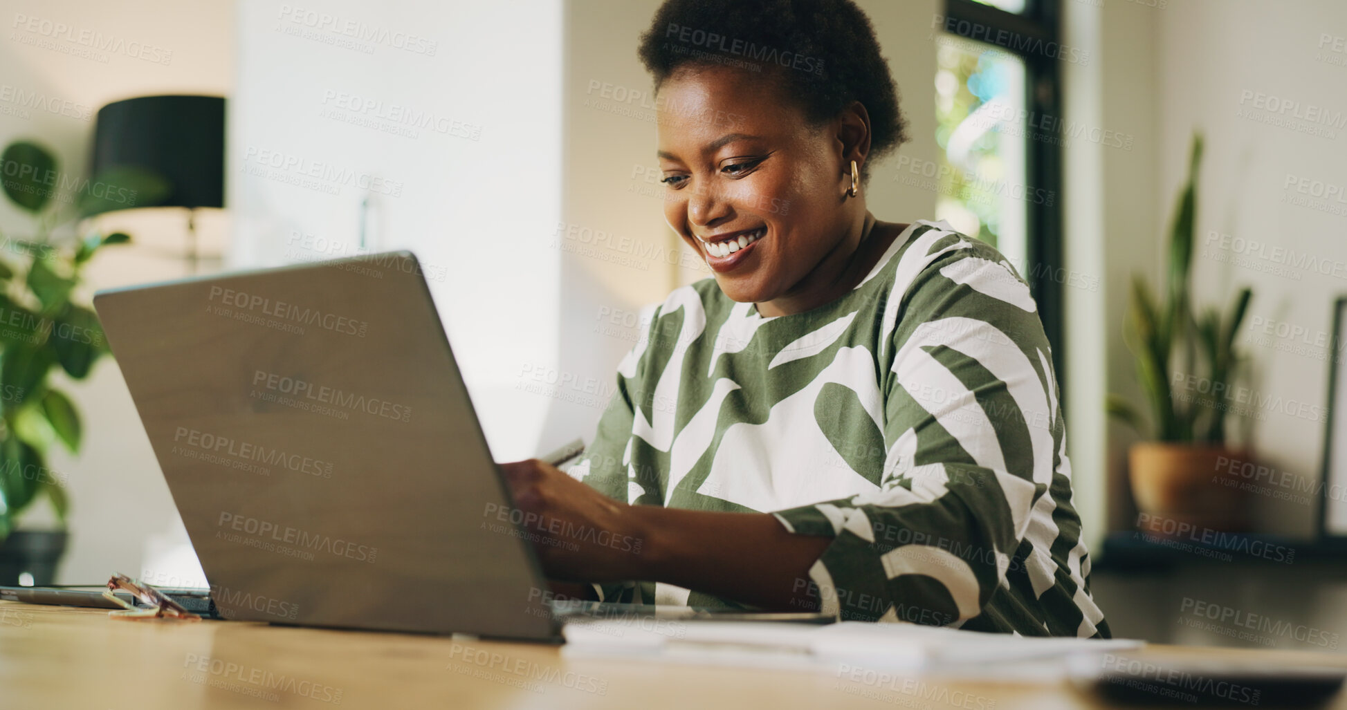 Buy stock photo Happy, woman and remote work with laptop, home and review of financial report on website and online. Freelancer, smile and black person with tech for bookkeeping, read and typing of info in house