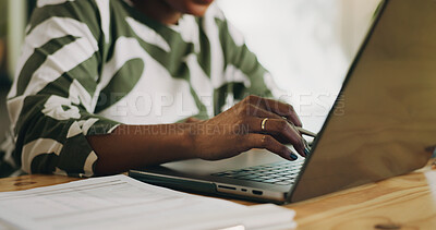 Buy stock photo Hands, woman and typing on laptop at house for budget planning, payment update and research. Female person, PC and document with audit report, financial expenses and bills information for remote work