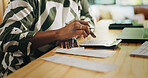Woman, hands or calculator with receipts for financial planning, budget or tax return at home. Female person, accounting and audit with calculation or invoices for salary deduction, expenses or bills