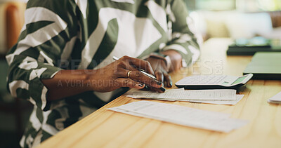 Buy stock photo Hands, woman and reading invoices at house for budget plan, payment receipt and tax return. Person, accounting and audit for financial expenses, bills calculation and salary deduction of remote work