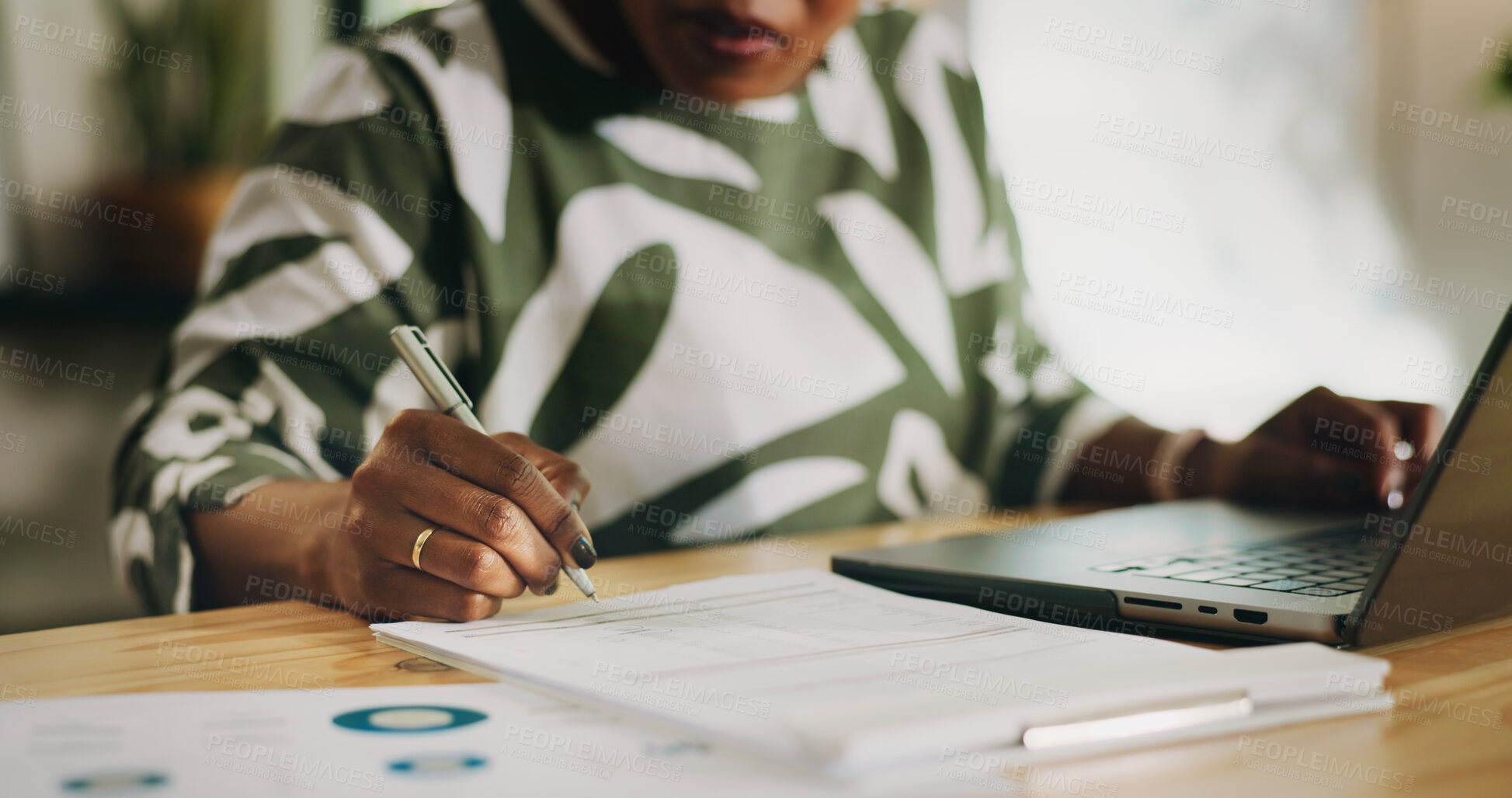 Buy stock photo Hands, woman and writing for accounting at house for budget planning, payment checklist and report. Female person, laptop and document for audit, financial expenses and investment form of remote work