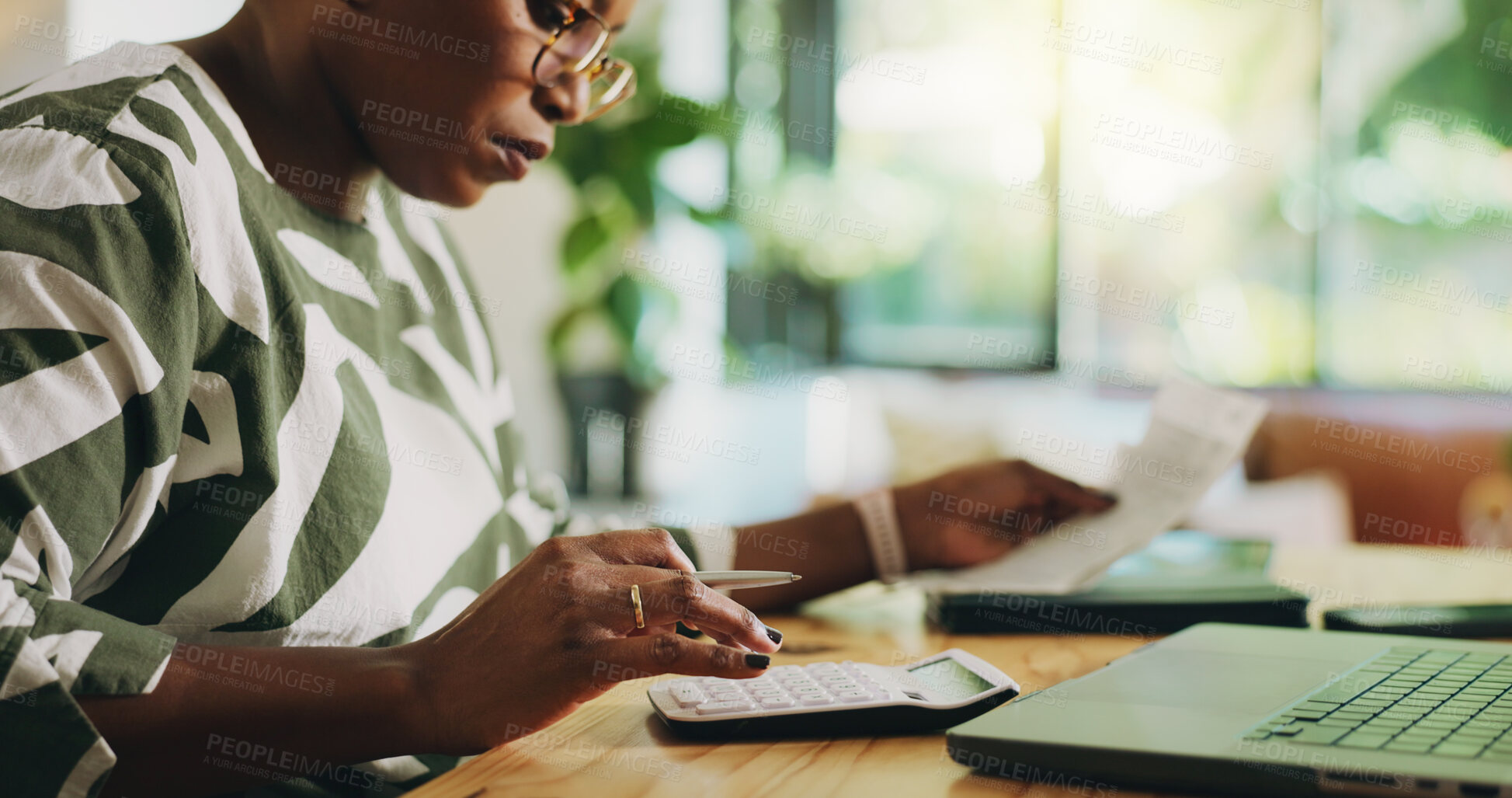 Buy stock photo Black woman, finance or calculator with laptop for audit, tax or budget planning at home. Female person, accounting or calculation with receipts, documents or bills for expenses or deduction at house