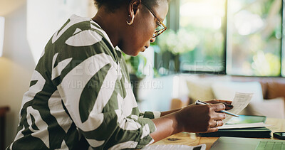 Buy stock photo Business, accounting and black woman in home, documents and checklist for income. African person, employee and financial advisor with taxes, remote work and report for audit and planning for budget
