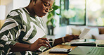 Calculator, home and black woman with documents, financial profit and budget with invoice. African person, apartment and invest with mortgage, expenses and rebate with taxes return, bills or rent