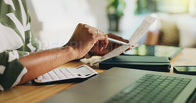 Buy stock photo Finance, budgeting and hands with receipt in home for investment rebate, expenses and cash back. Wealth, woman and laptop with invoice paperwork for tax return, asset management and financial control